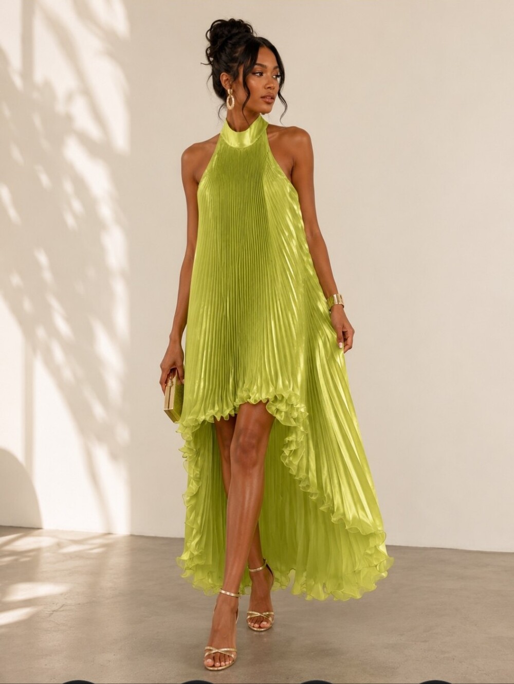 Mew Mews High-Low Pleated Halter Dress in Lime Green
